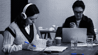 Pixel-art scene of a learner studying online